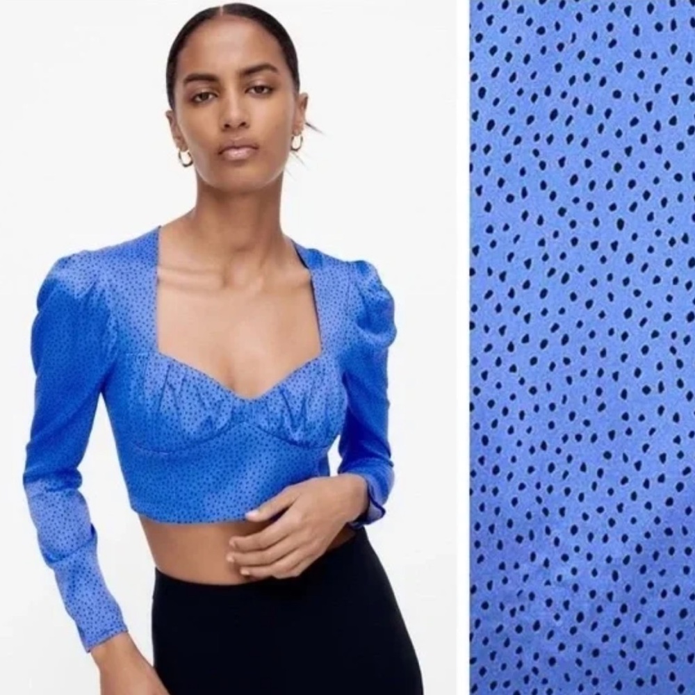 Zara Blue Black Polka Dot Peasant Corset Crop Top Sweetheart Blouse Long Sleeve